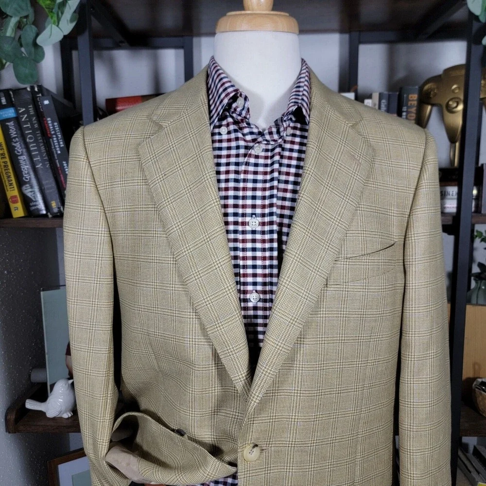 Samuelsohn SB ANDREW Men's Sport Coat Blazer Two Button‎ Beige Plaid Wool 42L